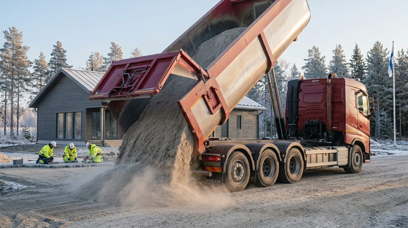 Kippiauto kipauttaa kivituhkakuorman omakotitalon pihalle pihakiveystöitä varten