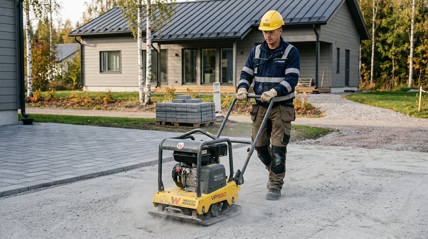 Tärylevy tiivistää kivituhkakerrosta pihakiveyksen pohjatyön aikana