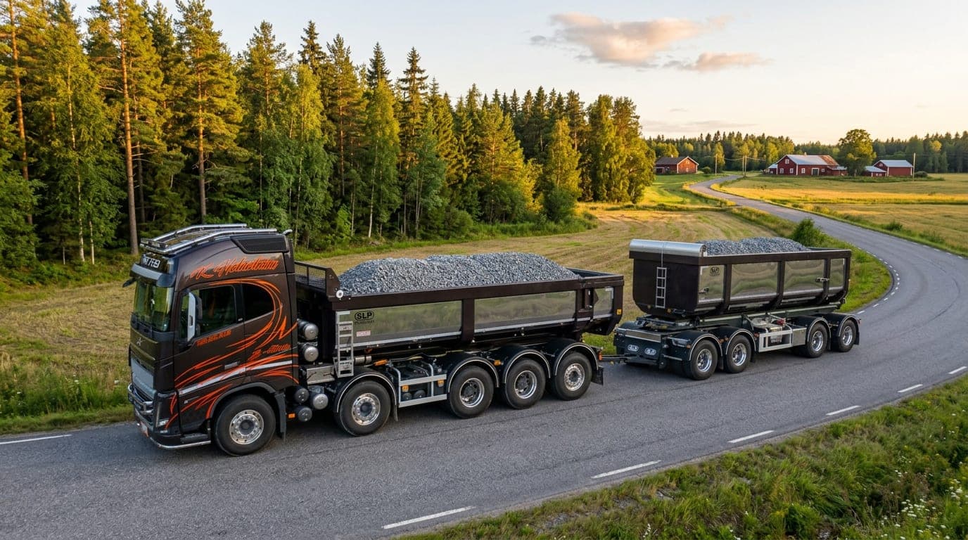 Kasettiauto (kuorma-auto ja perävaunu) lastattuna murskeella suomalaisella maaseutumaisemalla