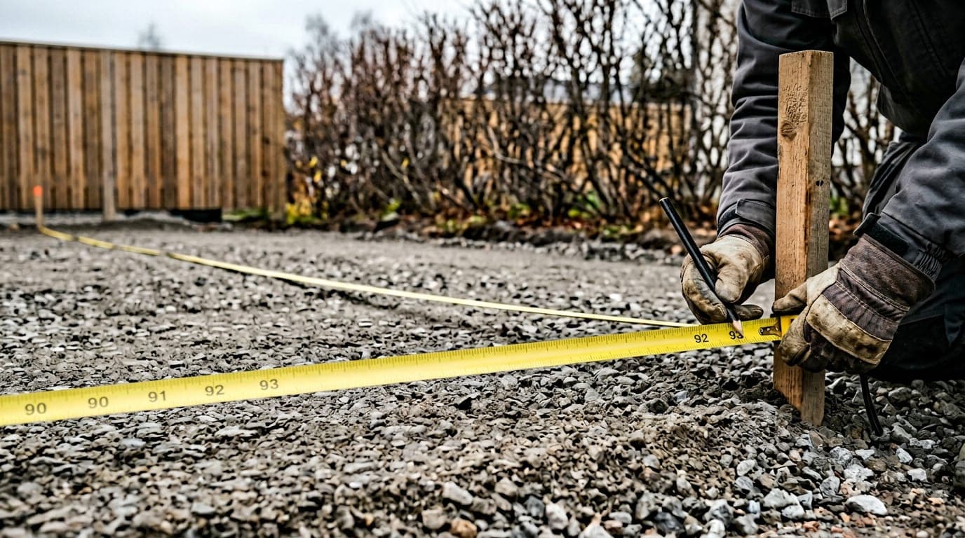 Mittanauhalla mitataan pihatien pinta-alaa ja merkitään alueen rajat puutikulla