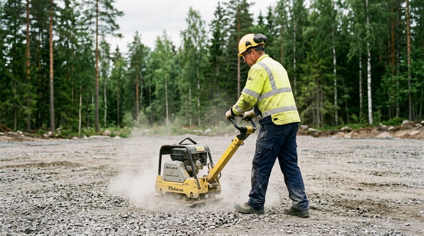 Omakotitalon perustuksen sisälle levitetty paksu murskekerros ja tärylevy tiivistystyössä