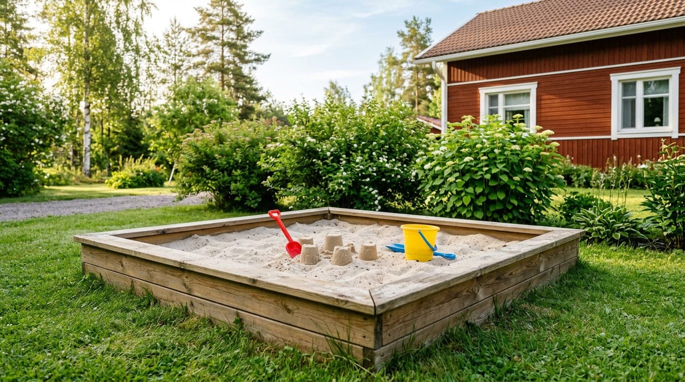 Lapsi leikkii hiekkalaatikossa puhtaalla, seulotulla leikkihiekalla omakotitalon pihalla