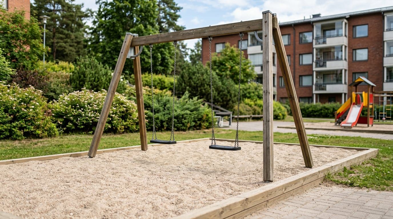 Taloyhtiön leikkipaikan keinu ja sen alle levitetty pyöreärakeinen turvahiekkakerros
