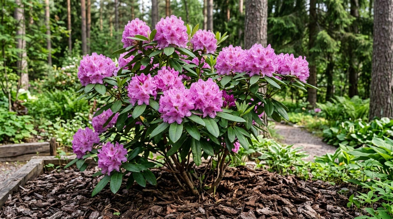 Kukkiva rhododendron istutettuna Havupuumultaan, pintakate tummaa havukuorta