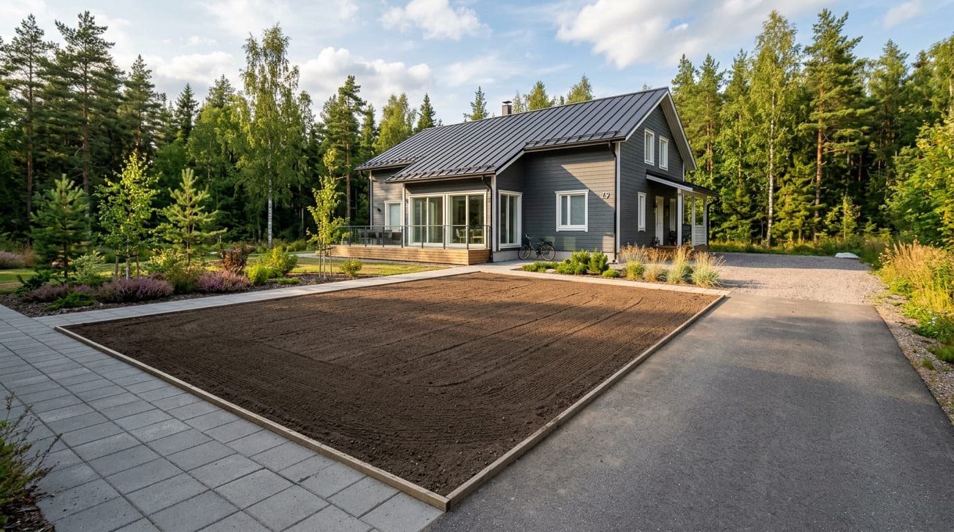 Tasattu nurmikkomultakerros omakotitalon pihalla ennen siementen kylvöä, taustalla uusi puutalo ja pihakivi