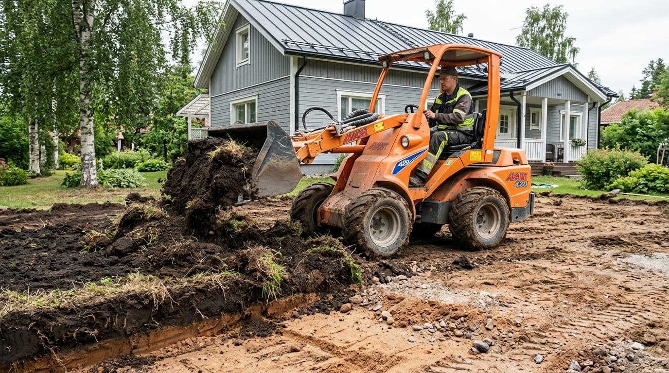 Pienkuormaaja poistaa nurmikon vanhaa pintamaata omakotitalon pihalla ennen uuden kasvualustan levitystä