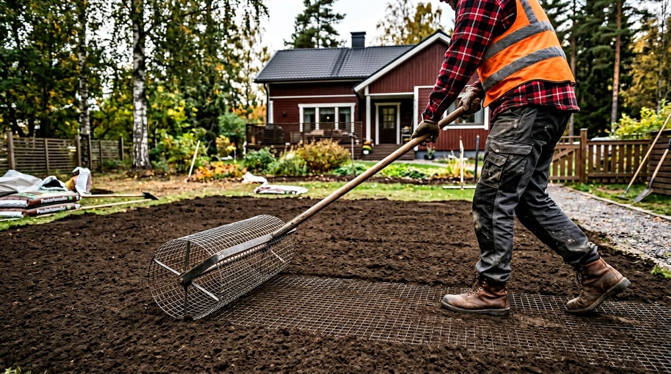 Työntekijä tasaa nurmikkomultakerrosta verkkojyrällä ennen siementen kylvöä