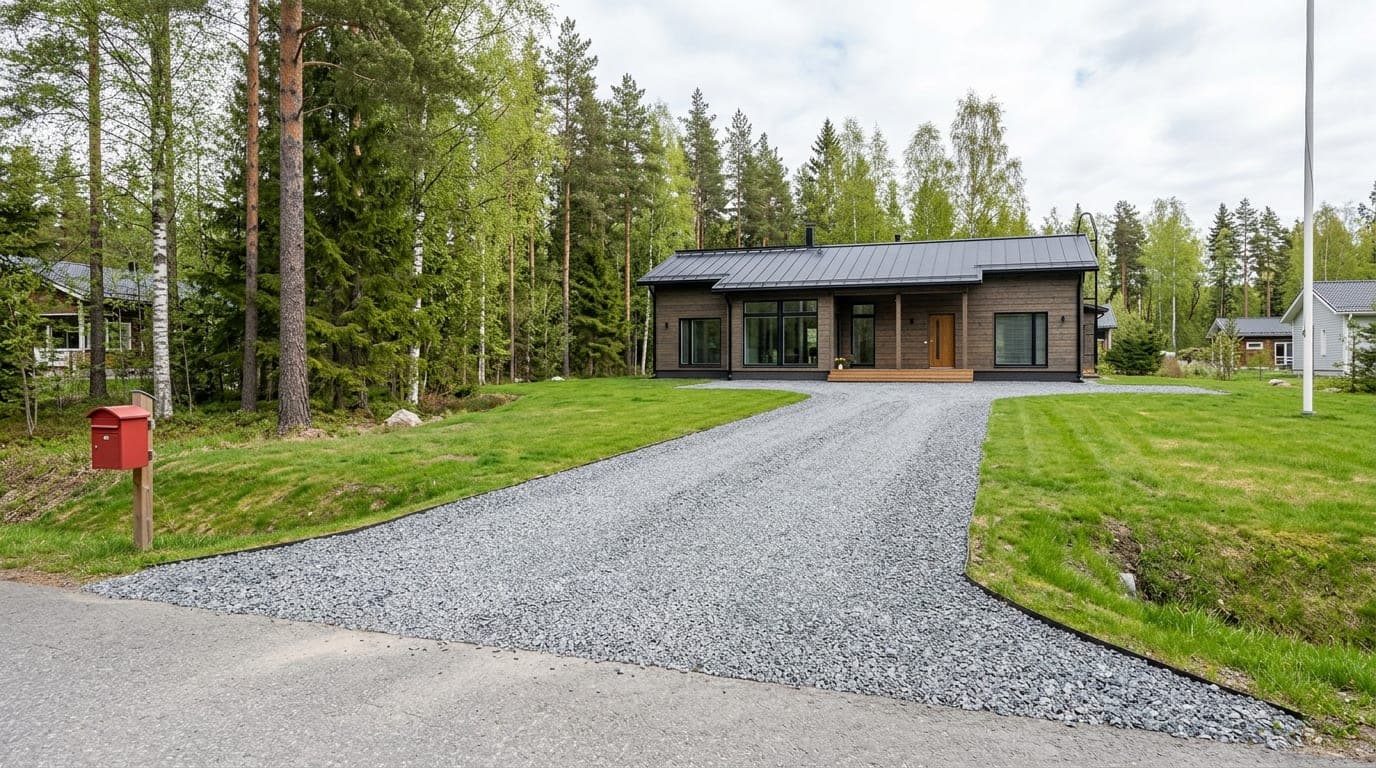 Valmistunut harmaa kalliomurskepiha-ajotie omakotitalon edessä, tie noin neljä metriä leveä, sivuilla nurmikko
