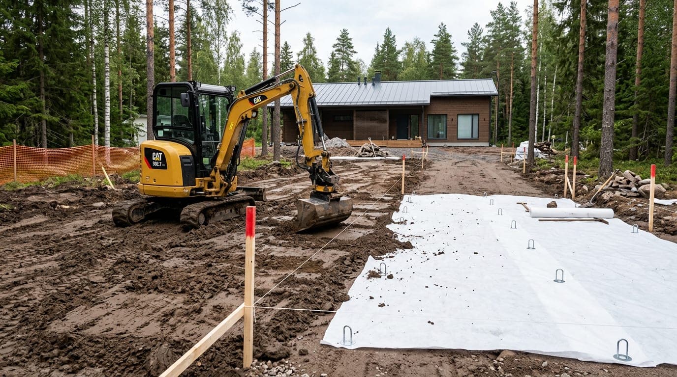 Pieni kaivinkone tasaa savista pohjamaata piha-ajotien työmaalla, suodatinkangas on asetettu osittain valmiiksi