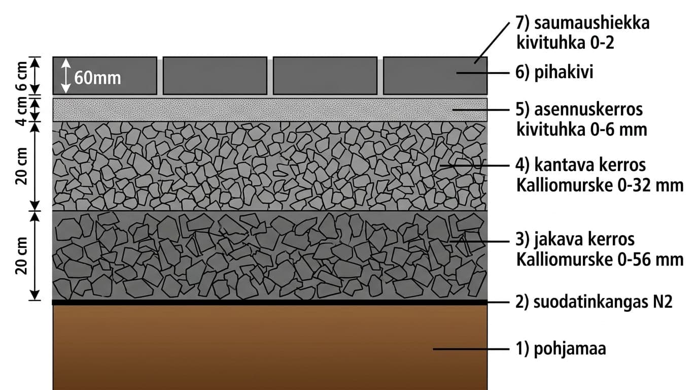 Pihakiveyksen rakennekerrosten poikkileikkaus: pohjamaa, suodatinkangas, jakava murskekerros, kantava kalliomurske, kivituhka-asennuskerros, pihakivi ja saumaushiekka
