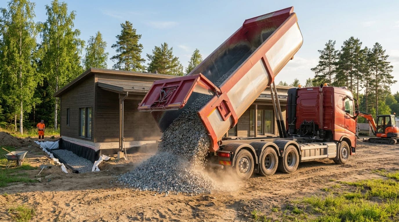 Kuorma-auto kippaa salaojasepeliä omakotitalon viereiseen kaivantoon, jossa suodatinkangas ja salaojaputki ovat jo paikoillaan