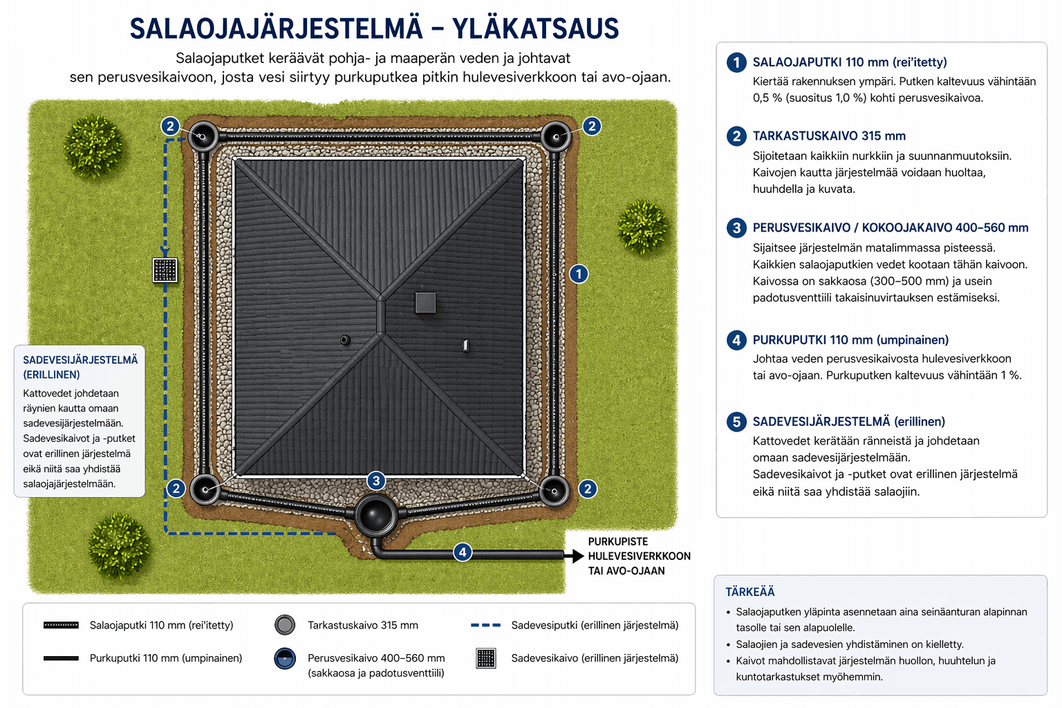 Omakotitalon salaojajärjestelmän yläkatsaus: numeroidut osat 1-5, salaojaputki 110 mm, tarkastuskaivot 315 mm, perusvesikaivo 400-560 mm, purkuputki hulevesiverkkoon ja erillinen sadevesijärjestelmä
