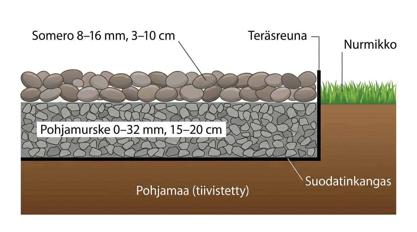Koristekivialueen poikkileikkaus: pohjamaa, suodatinkangas, pohjamurske 0–32 mm ja pintakerroksena somero 8–16 mm